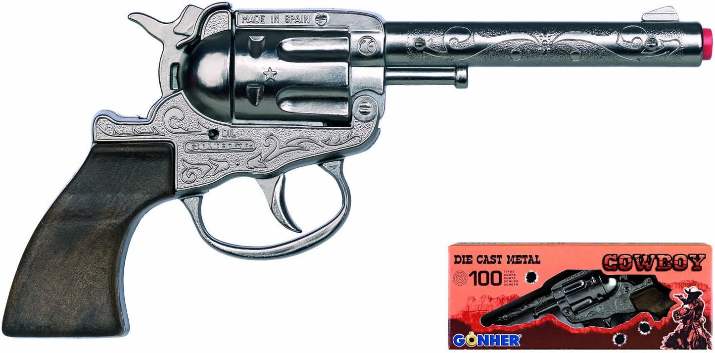 Classic Gonher 100 Shot Cowboy Pistol Toy | Diecast metal cowboy style pretend gun with western detailing and wood effect plastic butt Ages 3+